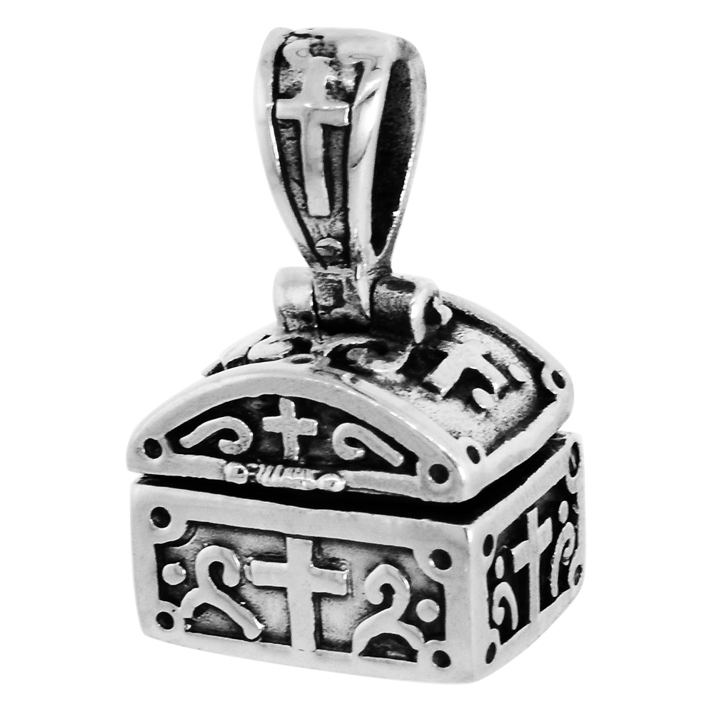 Sterling Silver Prayer Box Pendant Shaped like a Chest Cross Motif 3/8 inch
