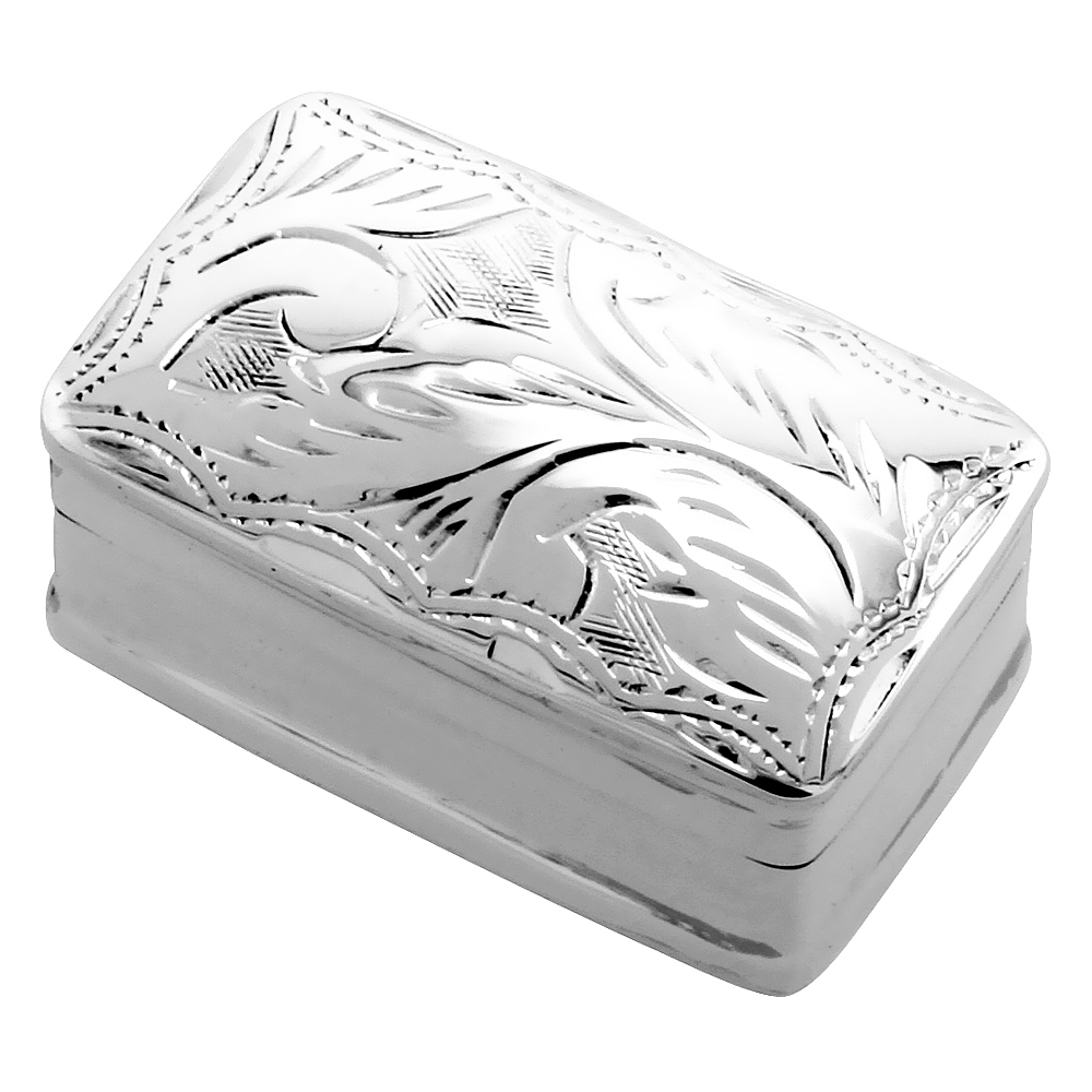 Sterling Silver Pill Box Rectangular Shape Engraved Finish 1 1/16 x 5/8 inch