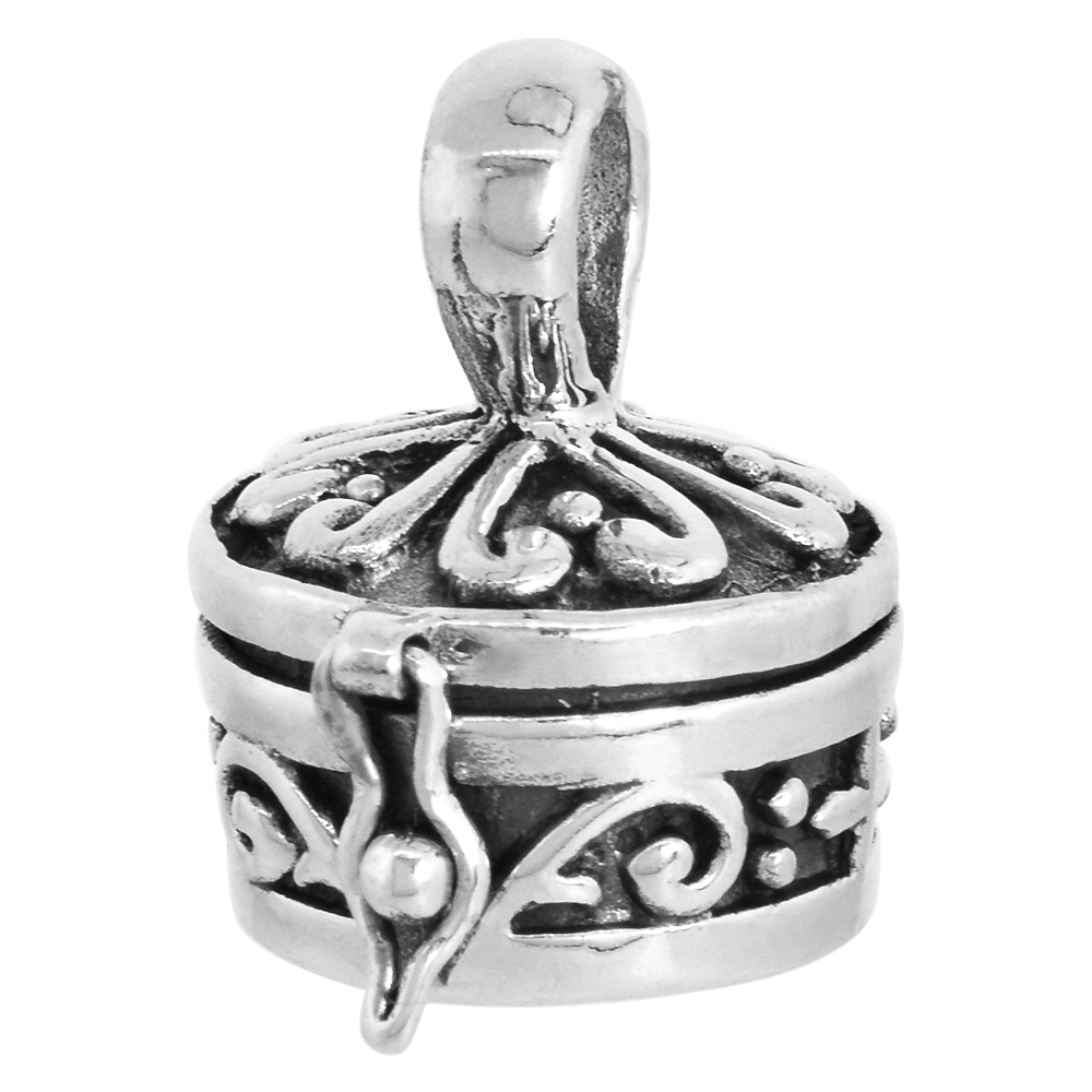 Sterling Silver Prayer Box Pendant Floral Design 3/8 inch