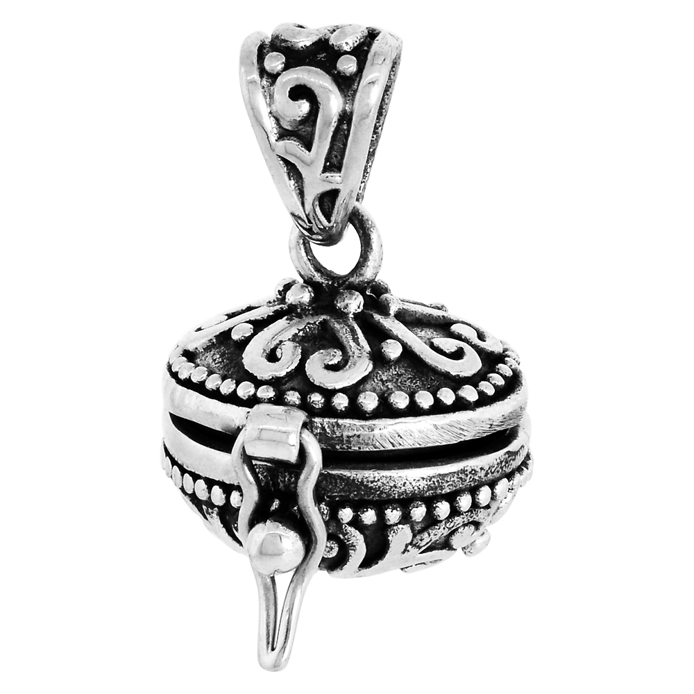 Sterling Silver Prayer Box Pendant Floral Design 3/8 inch