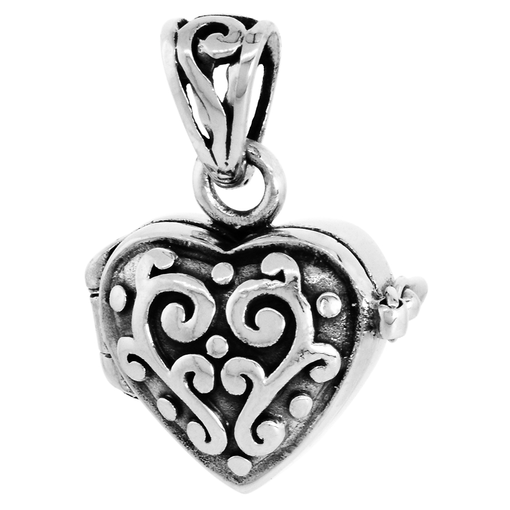 Sterling Silver Prayer Box Pendant Heart Shape Floral Design 1/2 inch