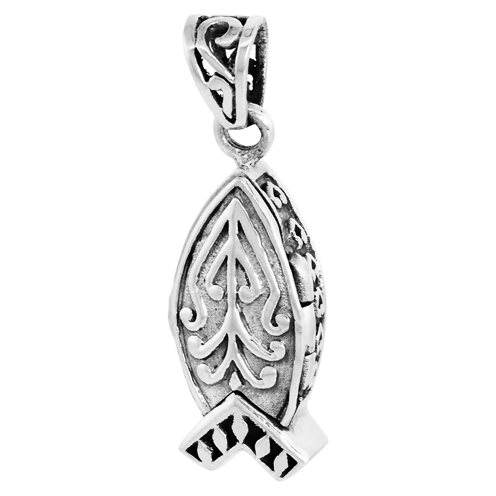 Sterling Silver Prayer Box Pendant Christian Fish Ichthus Motif 7/8 inch