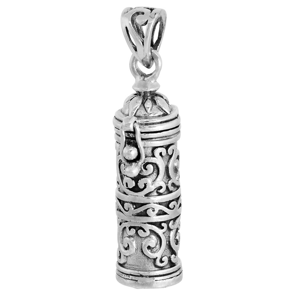 Sterling Silver Prayer Box Pendant Tubular Shape floral Design 1.25 inch