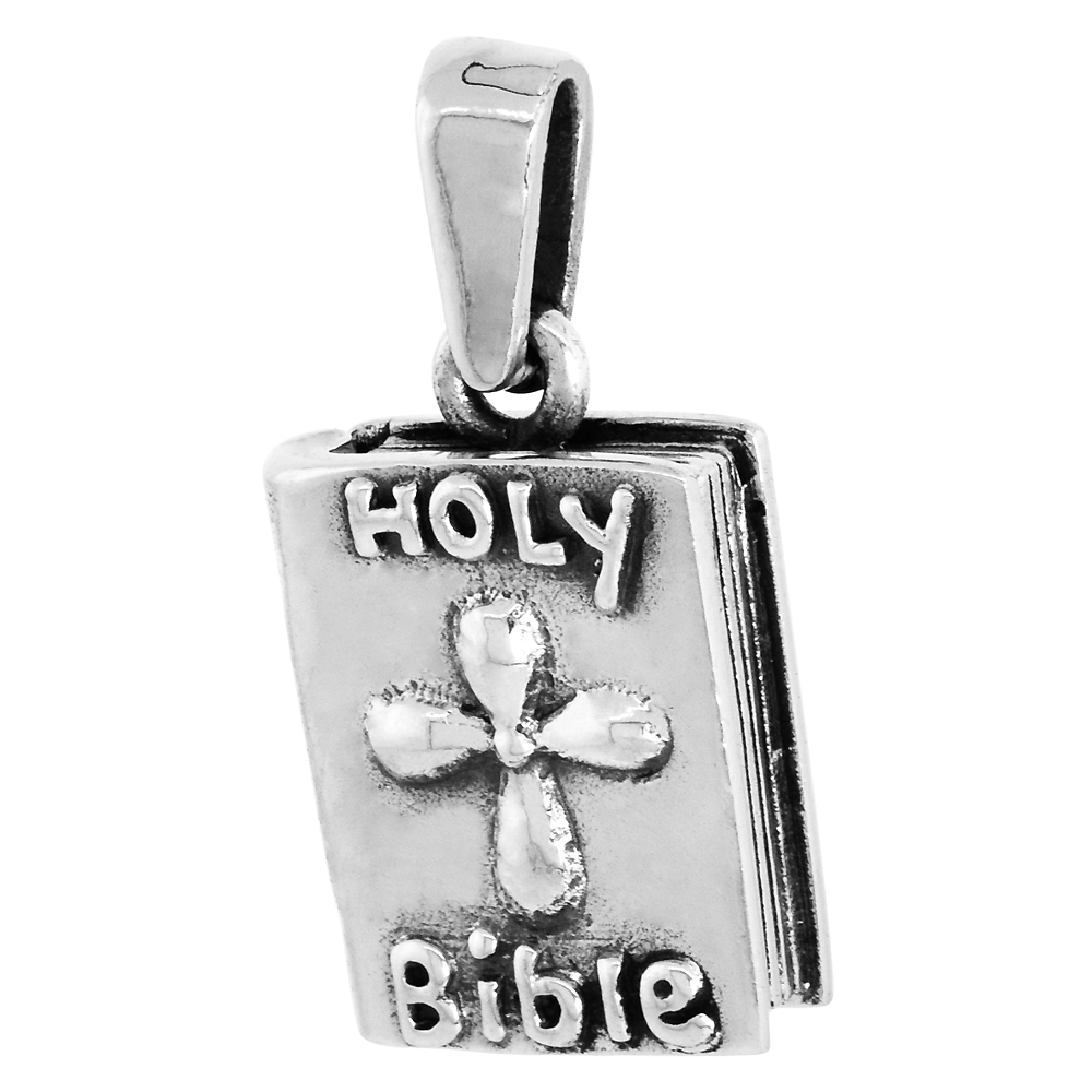 Sterling Silver Bible Prayer Box Pendant Book Shape Cross Motif 5/8 inch