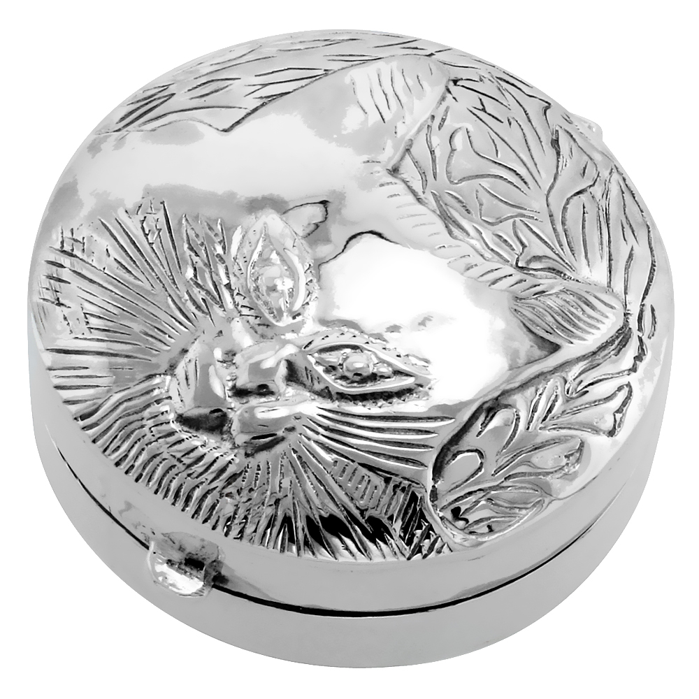 Sterling Silver Pill Box Round Shape Embossed Cat Face 1 3/8 inch