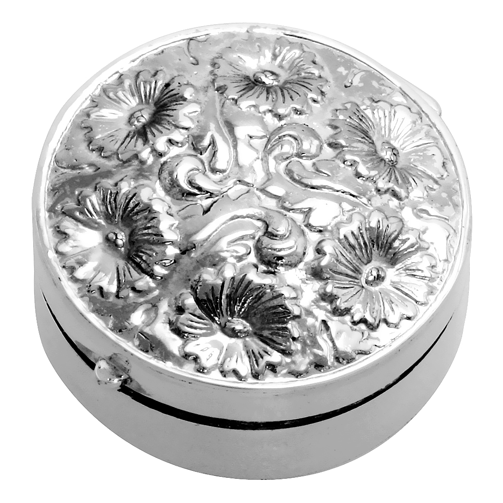 Sterling Silver Pill Box Round Shape Floral Embossed Finish 1 1/4 inch