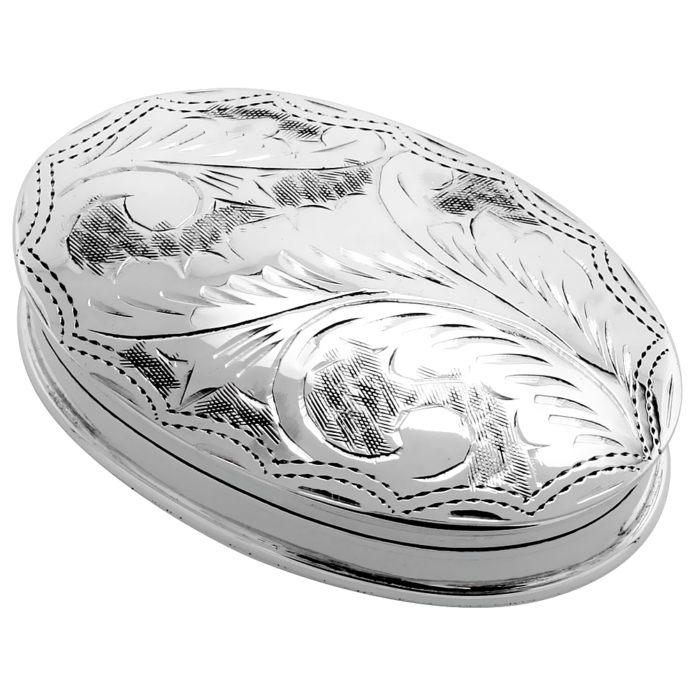 Sterling Silver Pill Box Oval Shape Engraved Finish 1 7/8 x 1 1/4 inch