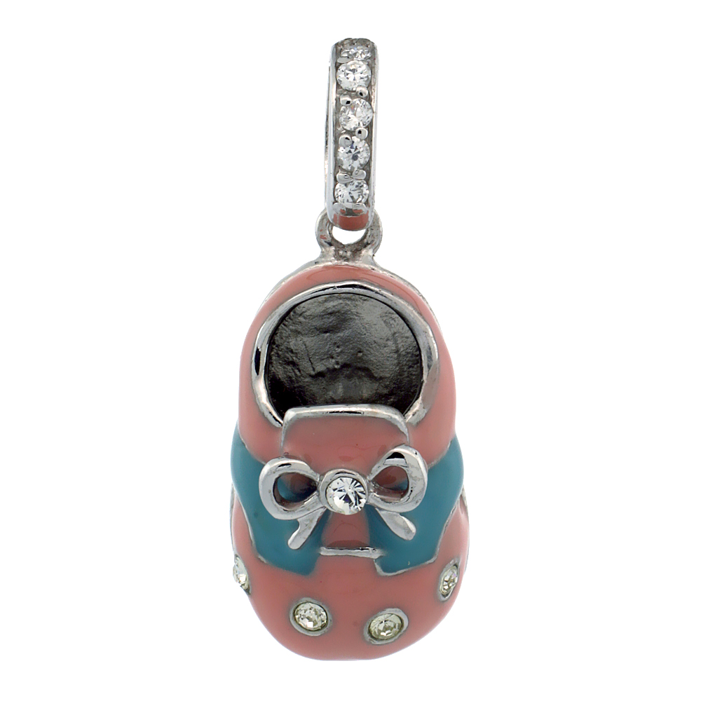 Sterling Silver Pink & Blue Enamel Baby Shoe Pendant w/ CZ Stones, 7/8 in. (23 mm) tall