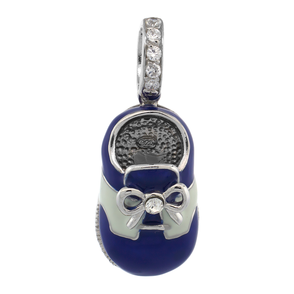 Sterling Silver Blue & White Enamel Baby Shoe Pendant w/ CZ Stones, 7/8 in. (23 mm) tall