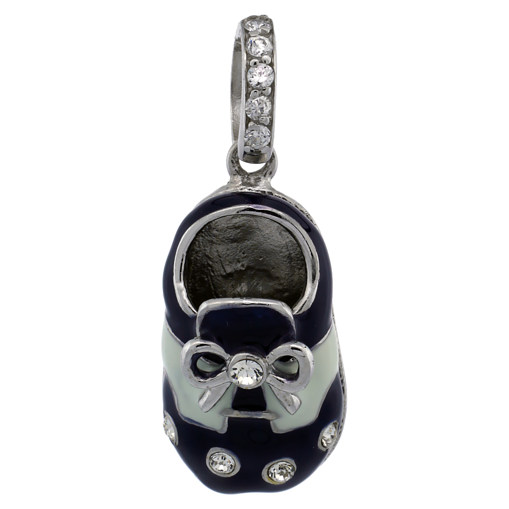 Sterling Silver Dark Blue & White Enamel Baby Shoe Pendant w/ CZ Stones, 7/8 in. (23 mm) tall