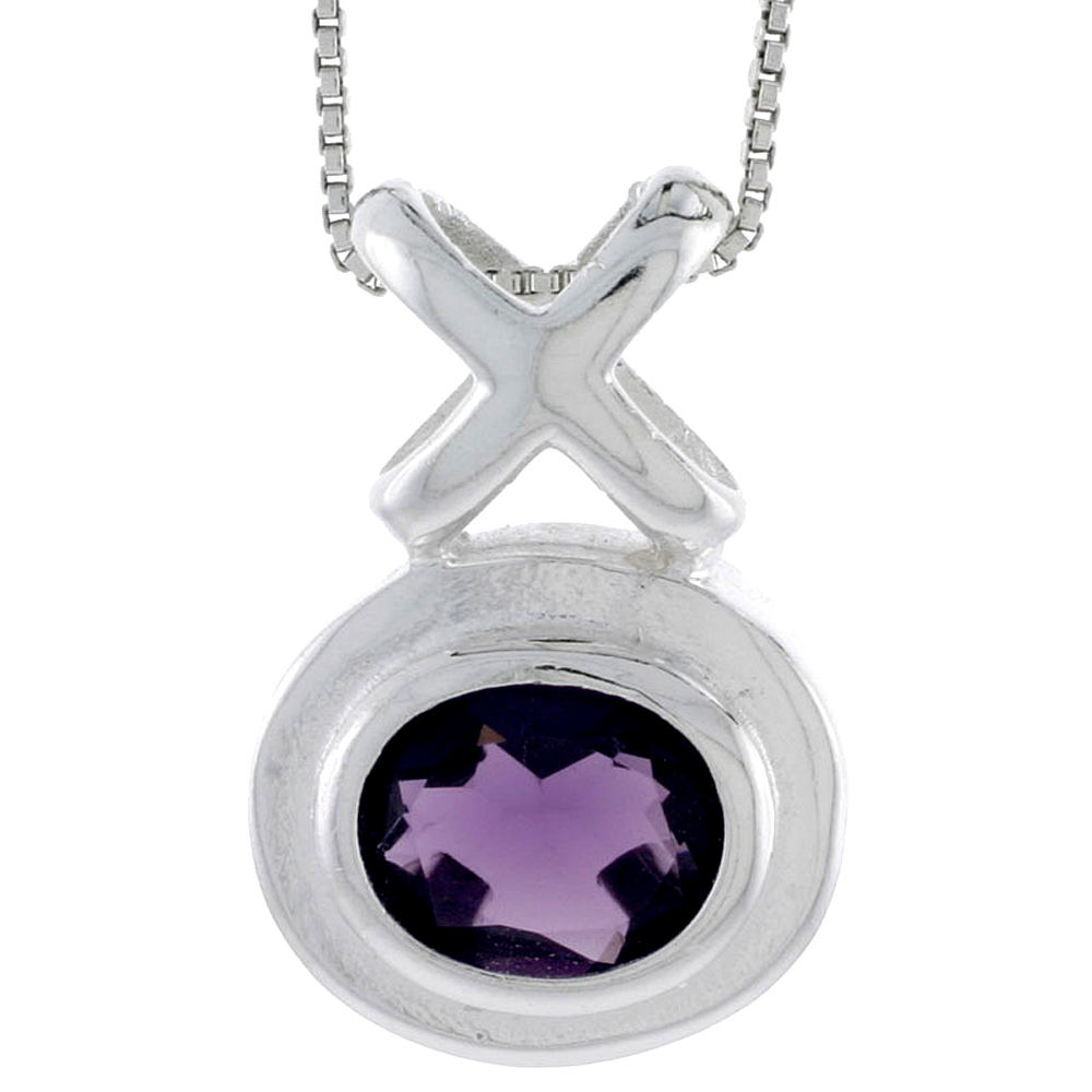 High Polished Sterling Silver 1 1/16" (28 mm) tall Hugs & Kisses Pendant, w/ Oval Cut 11x9mm Amethyst-colored CZ Stone, w/ 18" Thin Box Chain