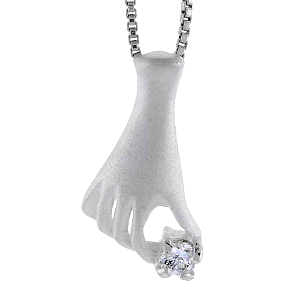 High Polished Sterling Silver 13/16" (21 mm) tall Matte-finish Sexy Hand Pendant, w/ 3.5mm Brilliant Cut CZ Stone, w/ 18" Thin Box Chain