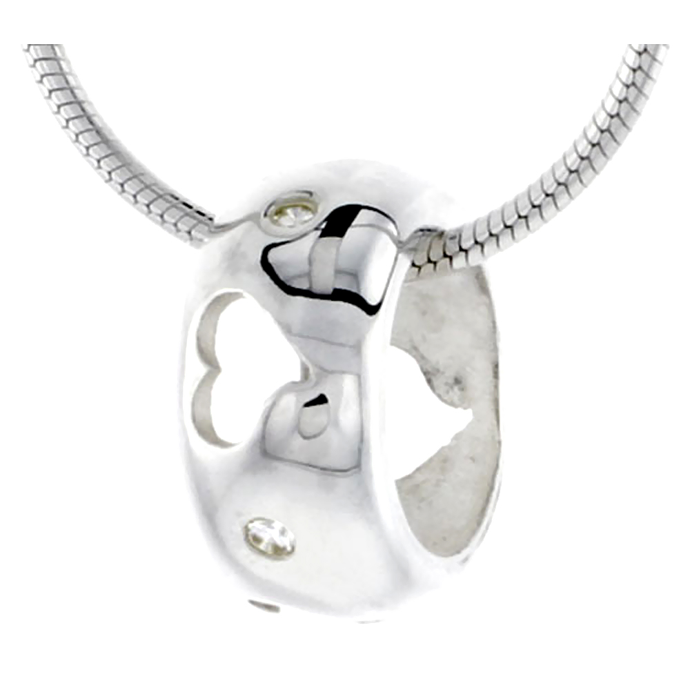 High Polished Sterling Silver 7/16" (11 mm) tall Round Pendant Slide, w/ Heart Cut Outs & Brilliant Cut CZ Stones, w/ 18" Thin Box Chain