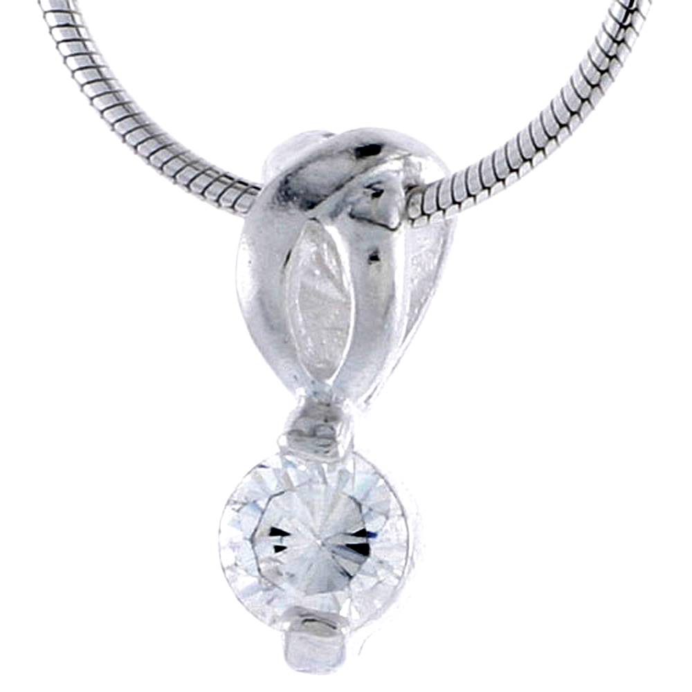 High Polished Sterling Silver 9/16" (14 mm) tall Pendant, w/ 5mm Brilliant Cut CZ Stone, w/ 18" Thin Box Chain