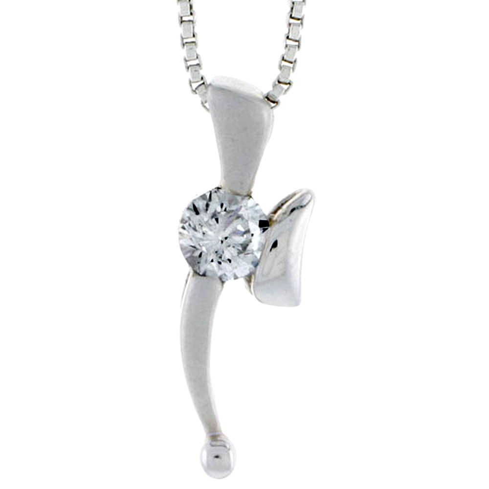 High Polished Sterling Silver 13/16" (21 mm) tall Pendant Slide, w/ 5mm Brilliant Cut CZ Stone, w/ 18" Thin Box Chain