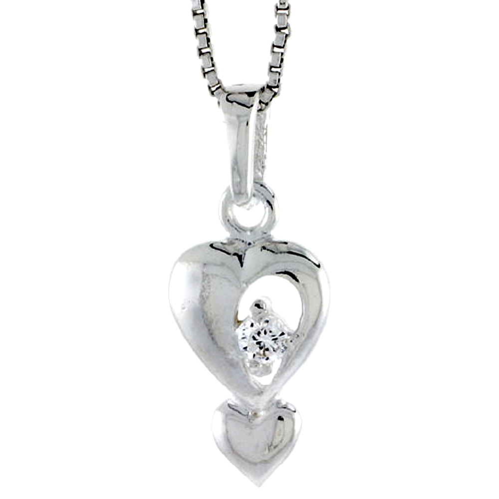 High Polished Sterling Silver 5/8&quot; (16 mm) tall Double Heart Pendant, w/ 2mm Brilliant Cut CZ Stone, w/ 18&quot; Thin Box Chain