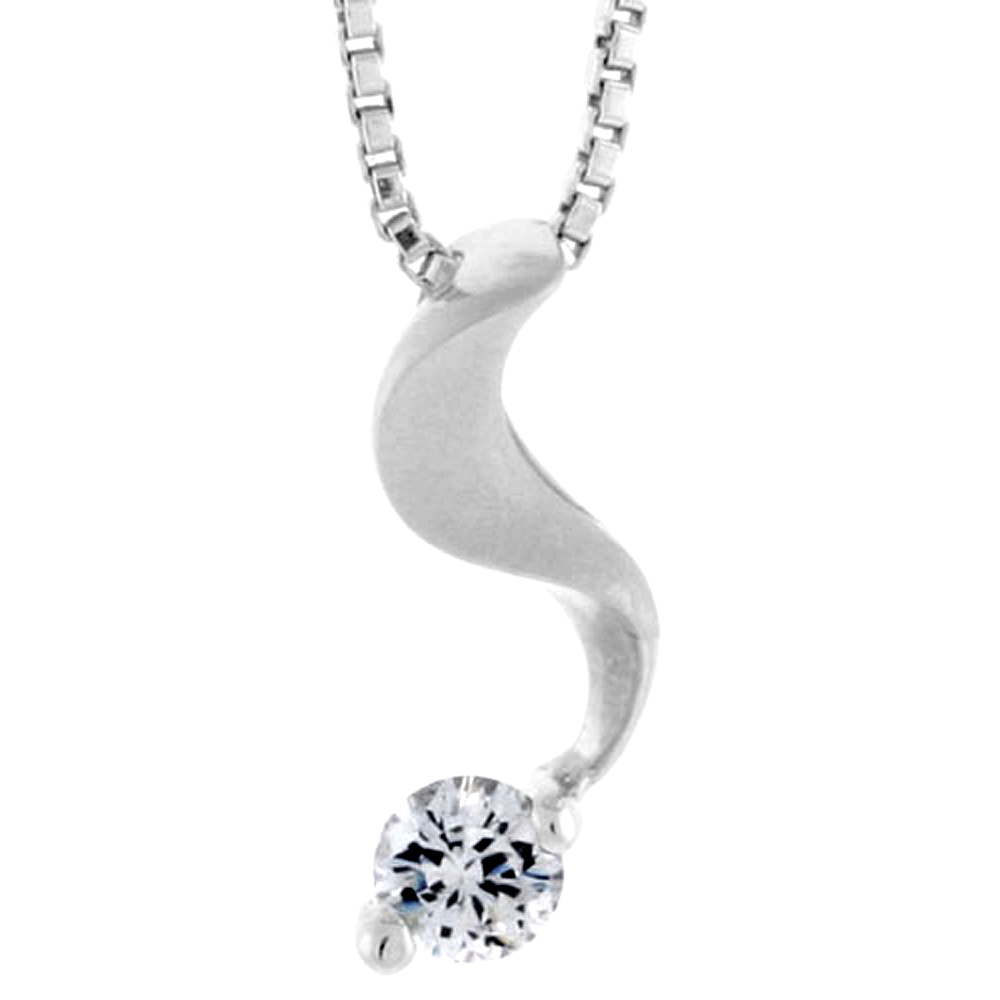 High Polished Sterling Silver 13/16" (20 mm) tall Swirl Pendant Slide, w/ 3mm Brilliant Cut CZ Stone, w/ 18" Thin Box Chain