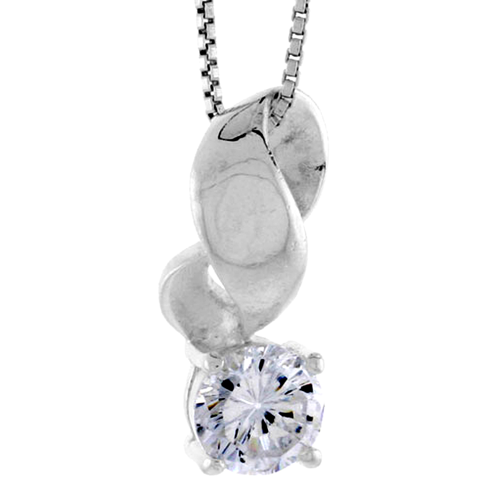 High Polished Sterling Silver 7/8" (22 mm) tall Swirl Pendant Slide, w/ 7mm Brilliant Cut CZ Stone, w/ 18" Thin Box Chain