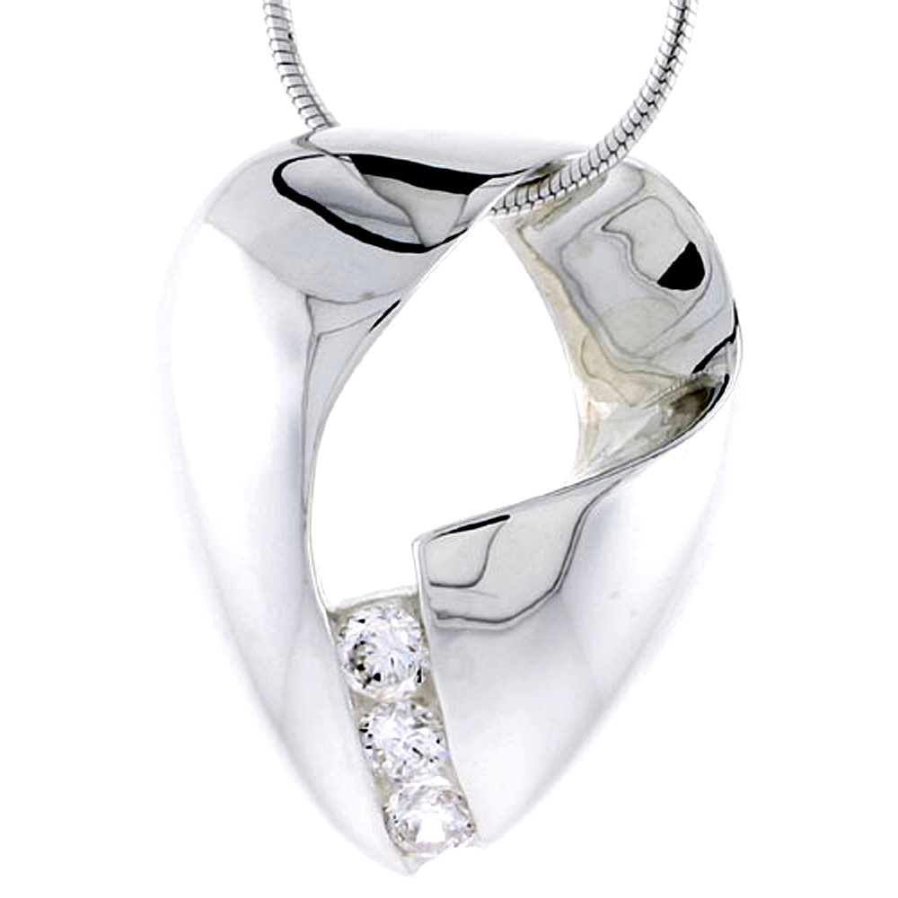 Sterling Silver High Polished Freeform Slider Pendant, w/ Three 4mm CZ Stones, 1 1/8&quot; (29 mm) tall, w/ 18&quot; Thin Snake Chain
