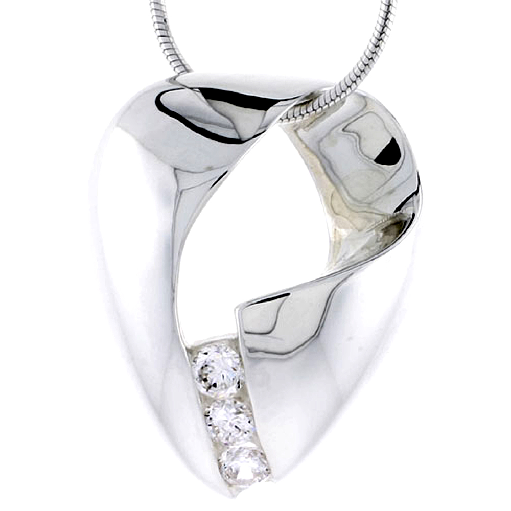 Sterling Silver High Polished Freeform Slider Pendant, w/ Three 4mm CZ Stones, 1 1/8" (29 mm) tall, w/ 18" Thin Snake Chain