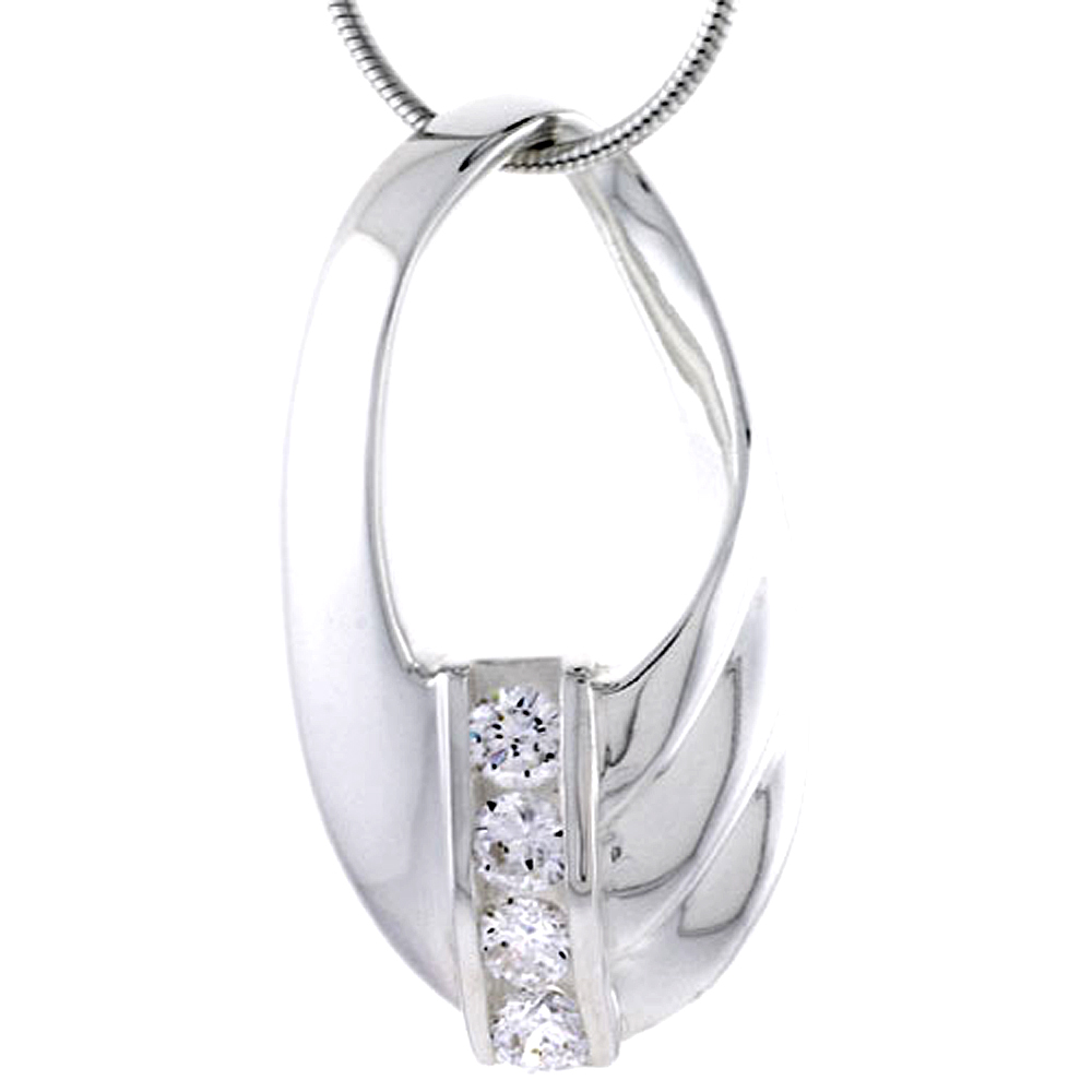 Sterling Silver High Polished Oval Slider Pendant, w/ Four 4mm CZ Stones, 1 5/16" (33 mm) tall, w/ 18" Thin Snake Chain