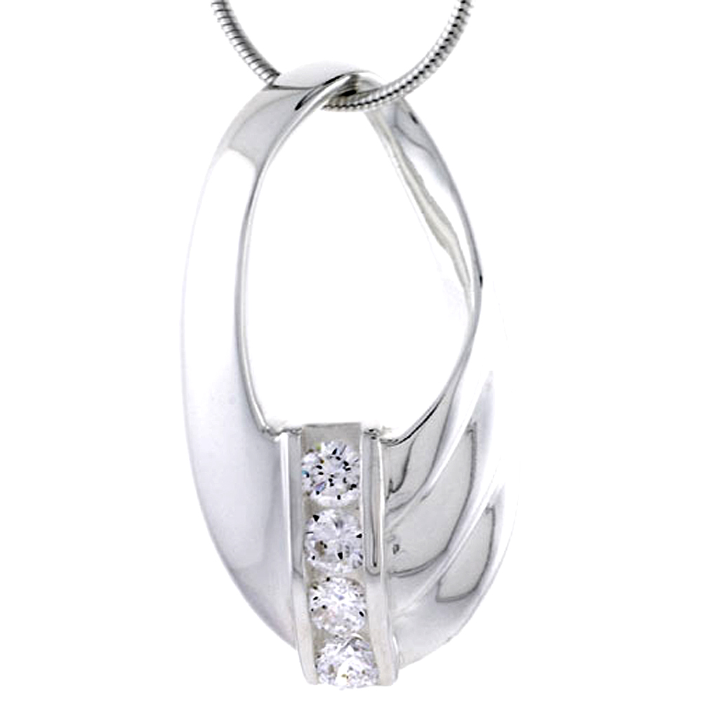 Sterling Silver High Polished Oval Slider Pendant, w/ Four 4mm CZ Stones, 1 5/16&quot; (33 mm) tall, w/ 18&quot; Thin Snake Chain