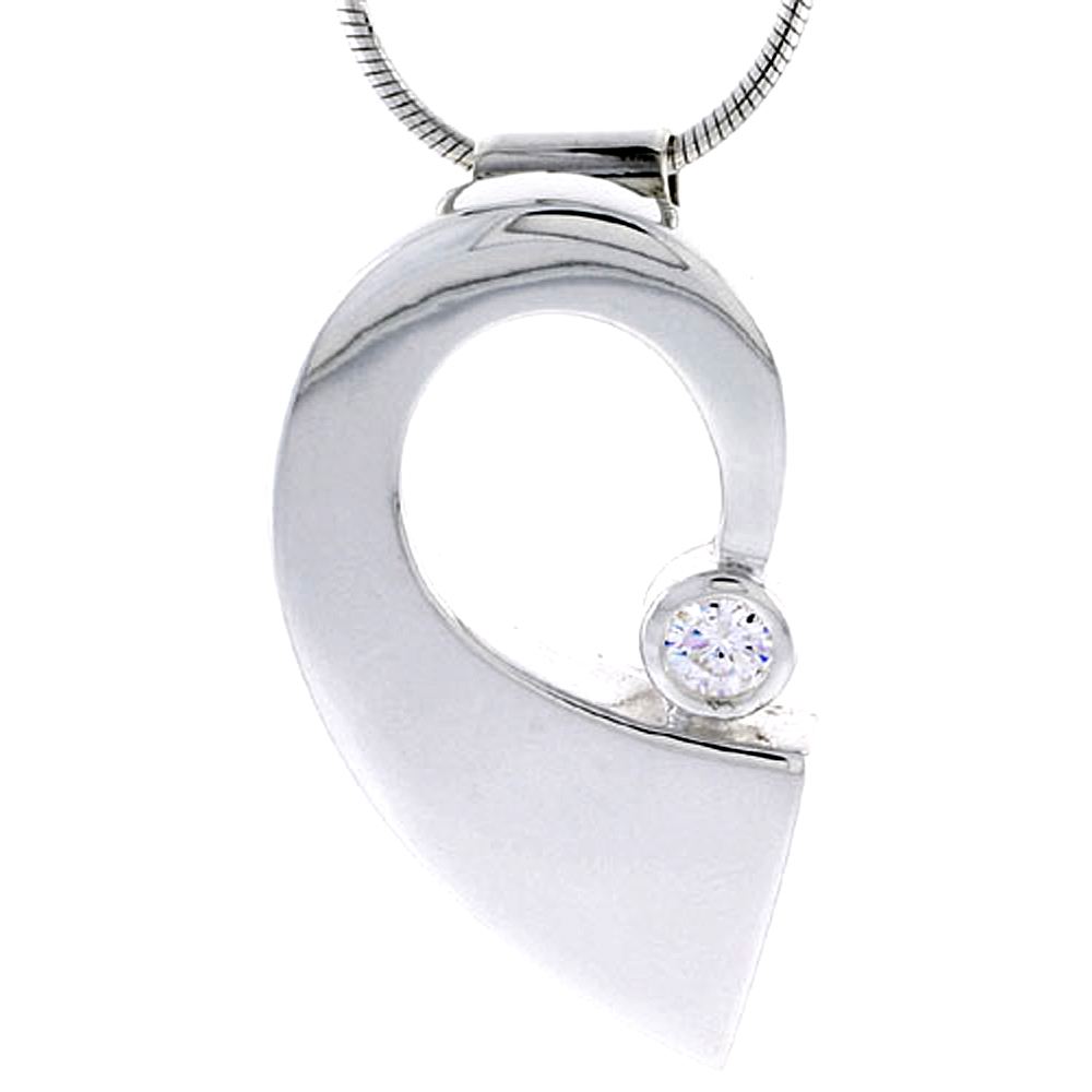 Sterling Silver High Polished Half Heart Slider Pendant, w/ 4mm CZ Stone, 1 3/16" (30 mm) tall, w/ 18" Thin Snake Chain