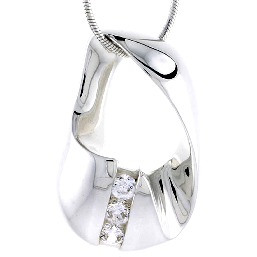 Sterling Silver High Polished Freeform Slider Pendant, w/ Three 4mm CZ Stones, 1 1/8&quot; (29 mm) tall, w/ 18&quot; Thin Snake Chain