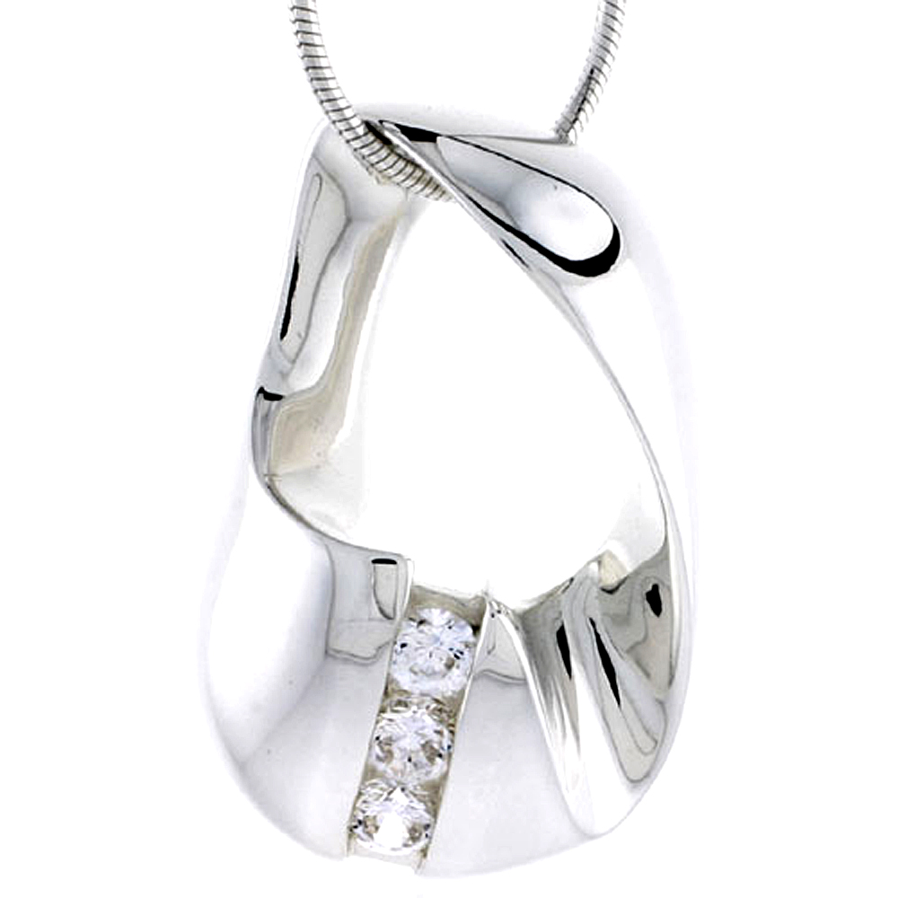 Sterling Silver High Polished Freeform Slider Pendant, w/ Three 4mm CZ Stones, 1 1/8" (29 mm) tall, w/ 18" Thin Snake Chain