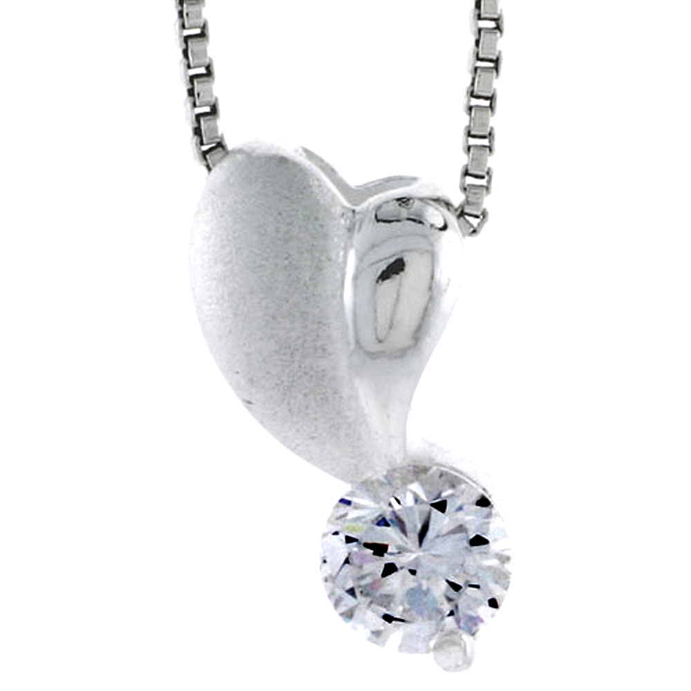 High Polished Sterling Silver 11/16" (17 mm) tall Heart Pendant, w/ 6mm Brilliant Cut CZ Stone, w/ 18" Thin Box Chain