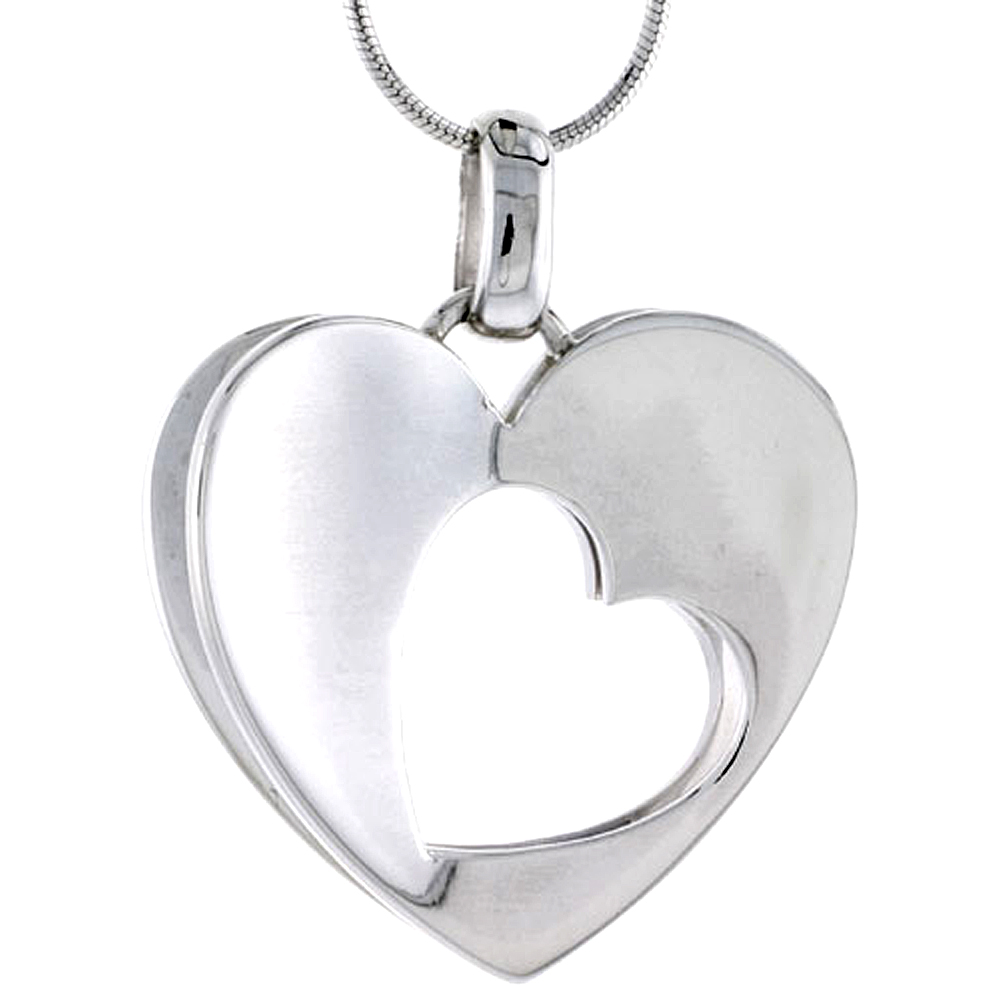 Sterling Silver High Polished 3D Heart Pendant w/ Cut Out, 1 1/8" (29 mm) tall, w/ 18" Thin Snake Chain