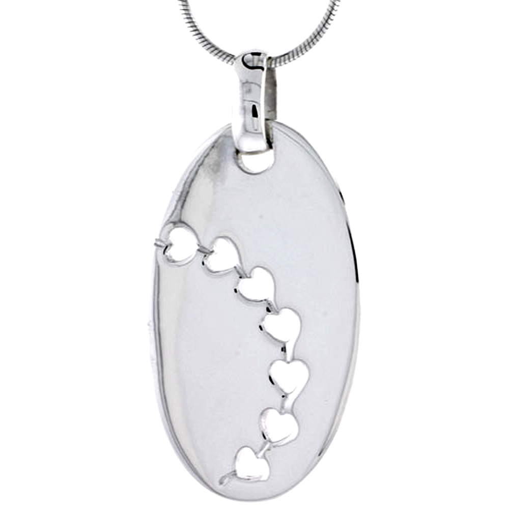 Sterling Silver High Polished Oval Pendant, w/ Heart Cut Out Series, 1 5/8" (35 mm) tall, w/ 18" Thin Snake Chain