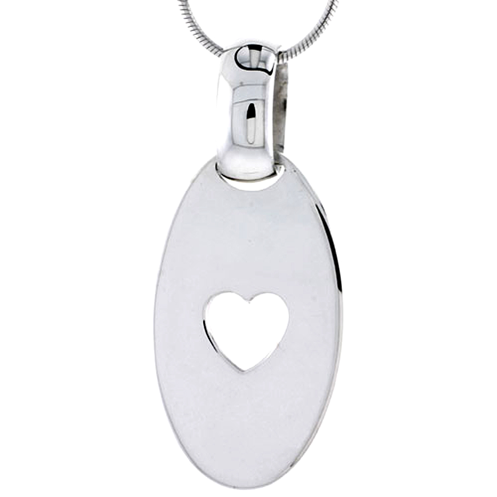 Sterling Silver High Polished Oval Pendant, w/ Heart Cut Out, 1 1/4" (32 mm) tall, w/ 18" Thin Snake Chain