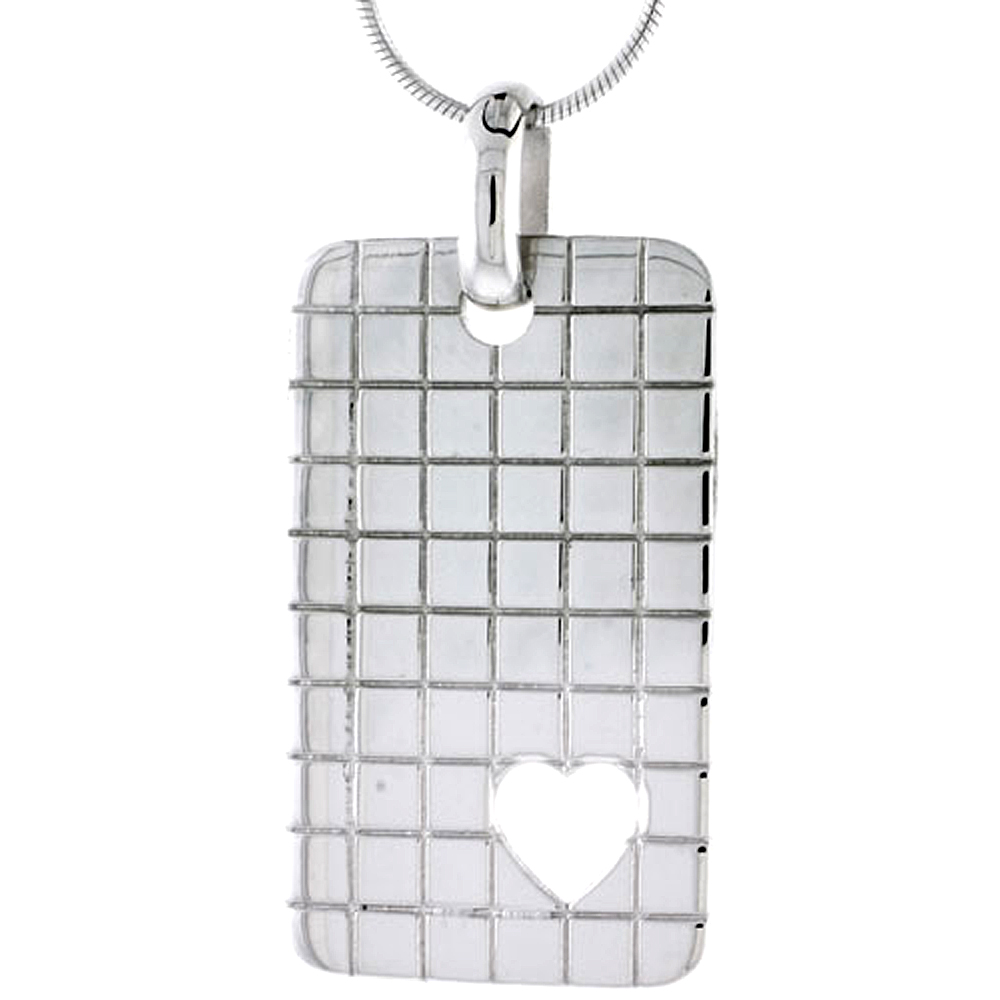 Sterling Silver High Polished Checker Board Pattern Rectangular Pendant, w/ Heart Cut Out, 1 5/8" (35 mm) tall, w/ 18" Thin Snake Chain