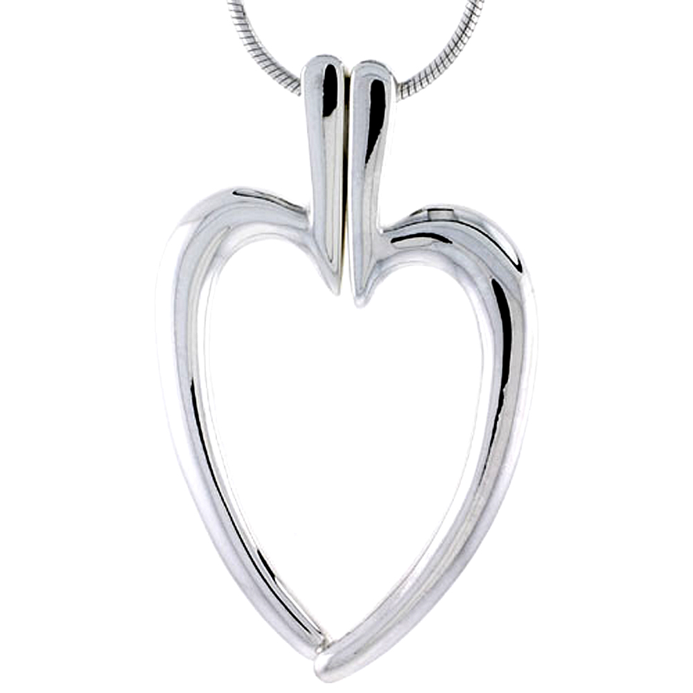 Sterling Silver High Polished Split Heart Pendant, 1 1/8" (29 mm) tall, w/ 18" Thin Snake Chain