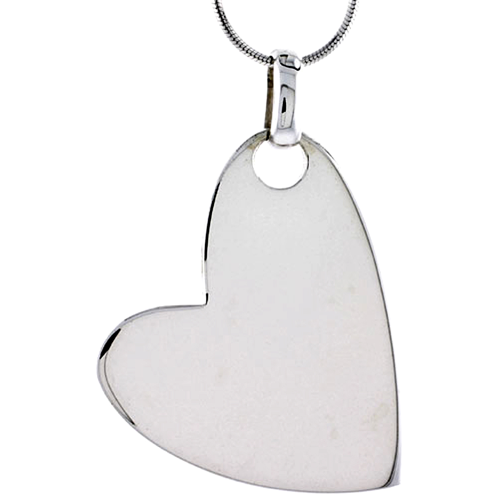 Sterling Silver High Polished Solid Fancy Heart Pendant, 1 1/2" (38 mm) tall, w/ 18" Thin Snake Chain