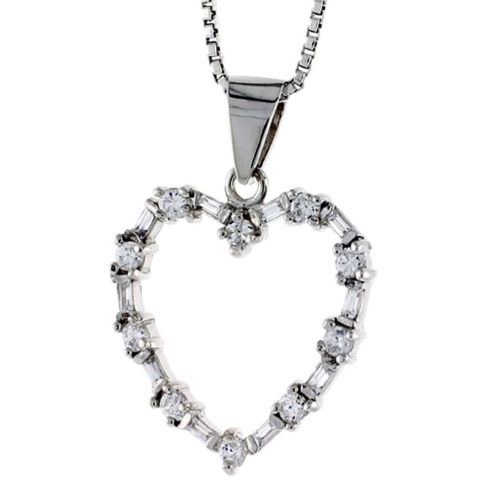 Sterling Silver Heart Pendant w/ High Quality CZ Stones, 3/4" (20 mm) tall