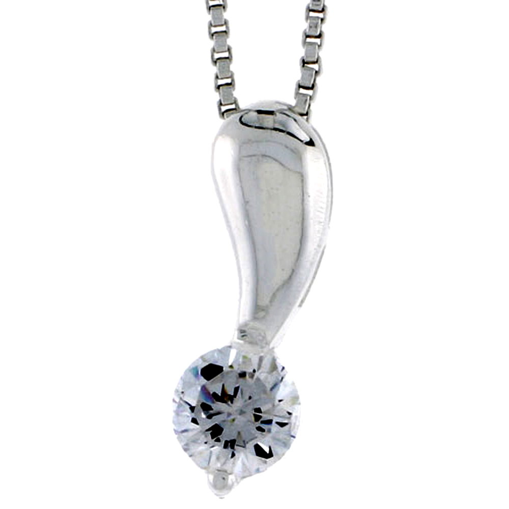 High Polished Sterling Silver 11/16" (18 mm) tall Pendant Slide, w/ 6mm Brilliant Cut CZ Stone, w/ 18" Thin Box Chain