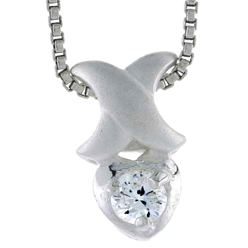 High Polished Sterling Silver 1/2" (13 mm) tall Teeny Heart Pendant, w/ 3mm Brilliant Cut CZ Stone, w/ 18" Thin Box Chain