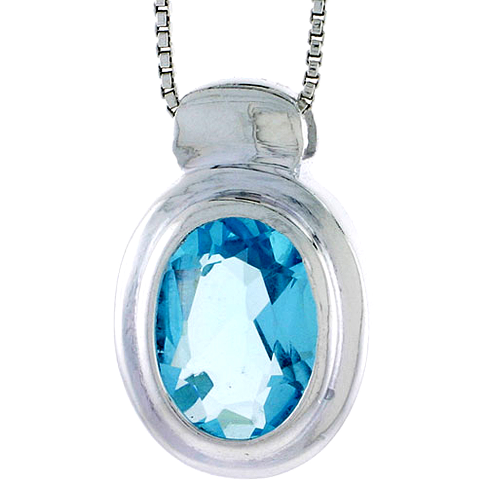 High Polished Sterling Silver 15/16" (23 mm) tall Oval-shaped Pendant, w/ Oval Cut 12x9mm Blue Topaz-colored CZ Stone, w/ 18" Thin Box Chain