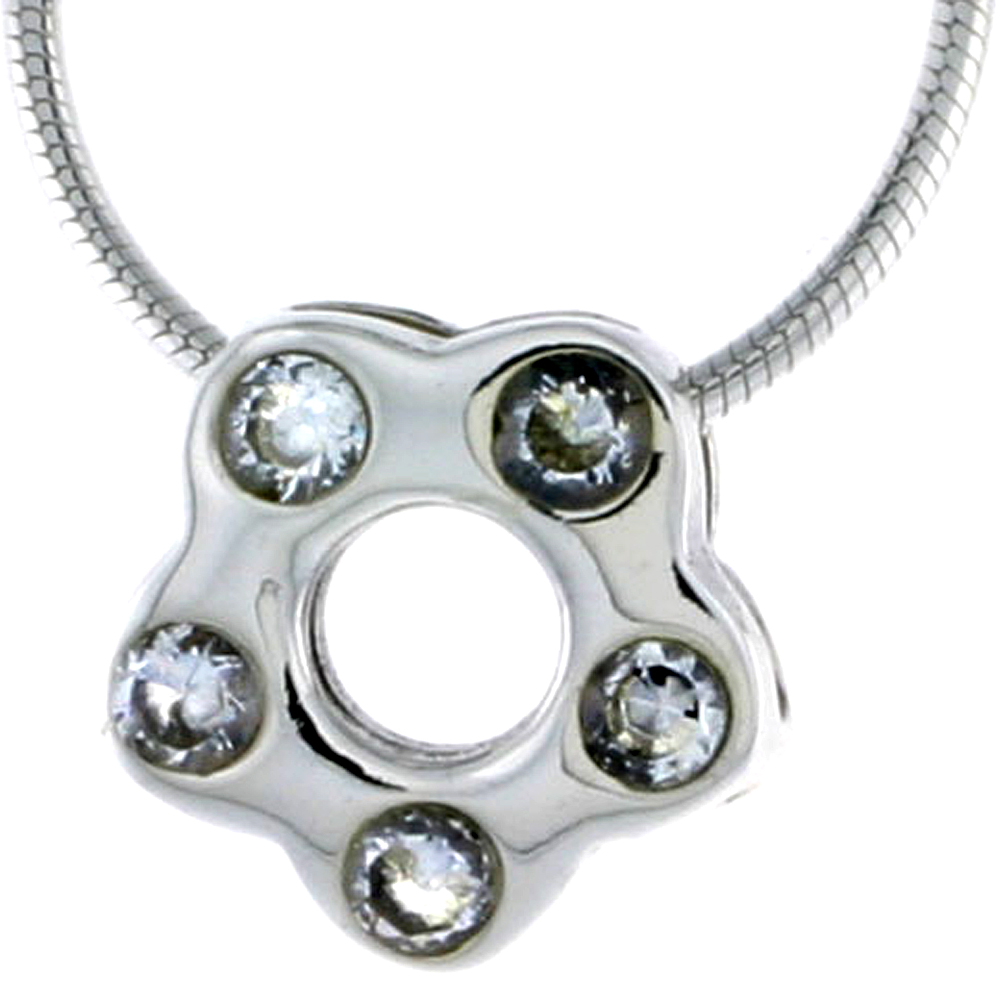 High Polished Sterling Silver 7/16" (11 mm) tall Flower Pendant Slide, w/ Five 2mm Brilliant Cut CZ Stones, w/ 18" Thin Box Chain