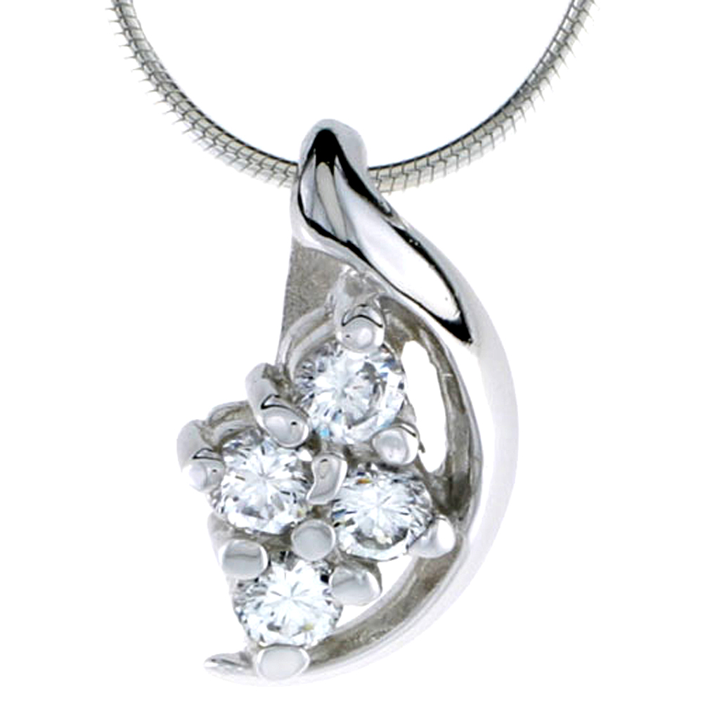 High Polished Sterling Silver 3/4" (19 mm) tall Cluster Pendant, w/ Four 4mm Brilliant Cut CZ Stones, w/ 18" Thin Box Chain