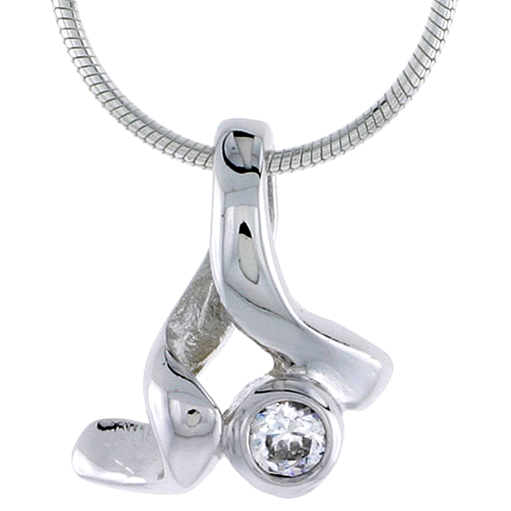 High Polished Sterling Silver 9/16&quot; (15 mm) tall Freeform Pendant, w/ 3mm Brilliant Cut CZ Stone, w/ 18&quot; Thin Box Chain