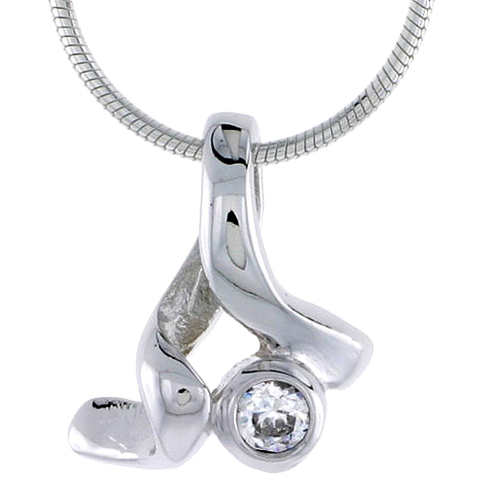 High Polished Sterling Silver 9/16" (15 mm) tall Freeform Pendant, w/ 3mm Brilliant Cut CZ Stone, w/ 18" Thin Box Chain