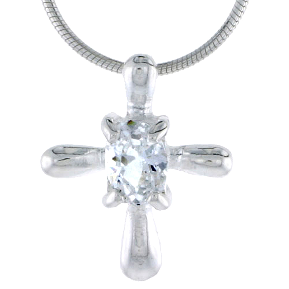 High Polished Sterling Silver 3/4&quot; (19 mm) tall Cross Pendant Slide, w/ 7x5mm Oval Cut CZ Stone, w/ 18&quot; Thin Box Chain