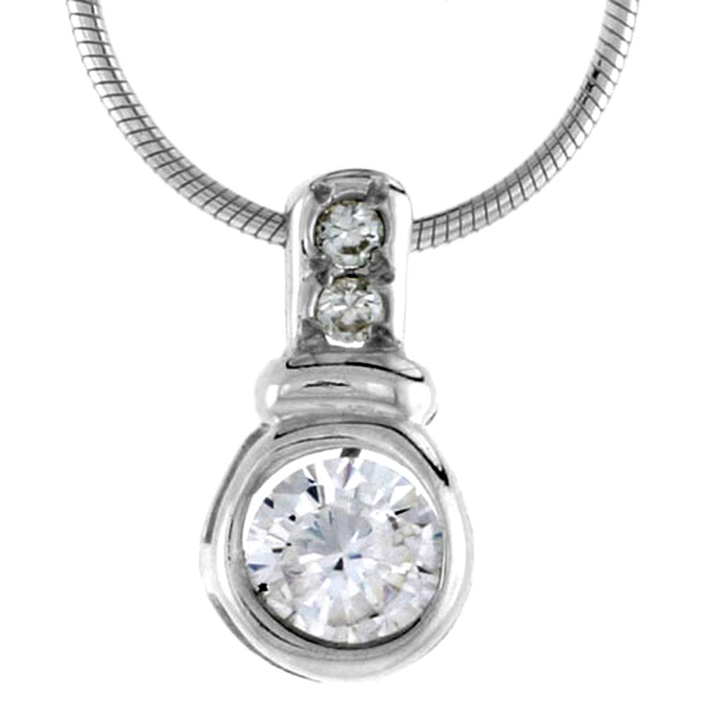 High Polished Sterling Silver 5/8" (16 mm) tall Enhancer Pendant, w/ one 6mm & two 2mm Brilliant Cut CZ Stones, w/ 18" Thin Box Chain