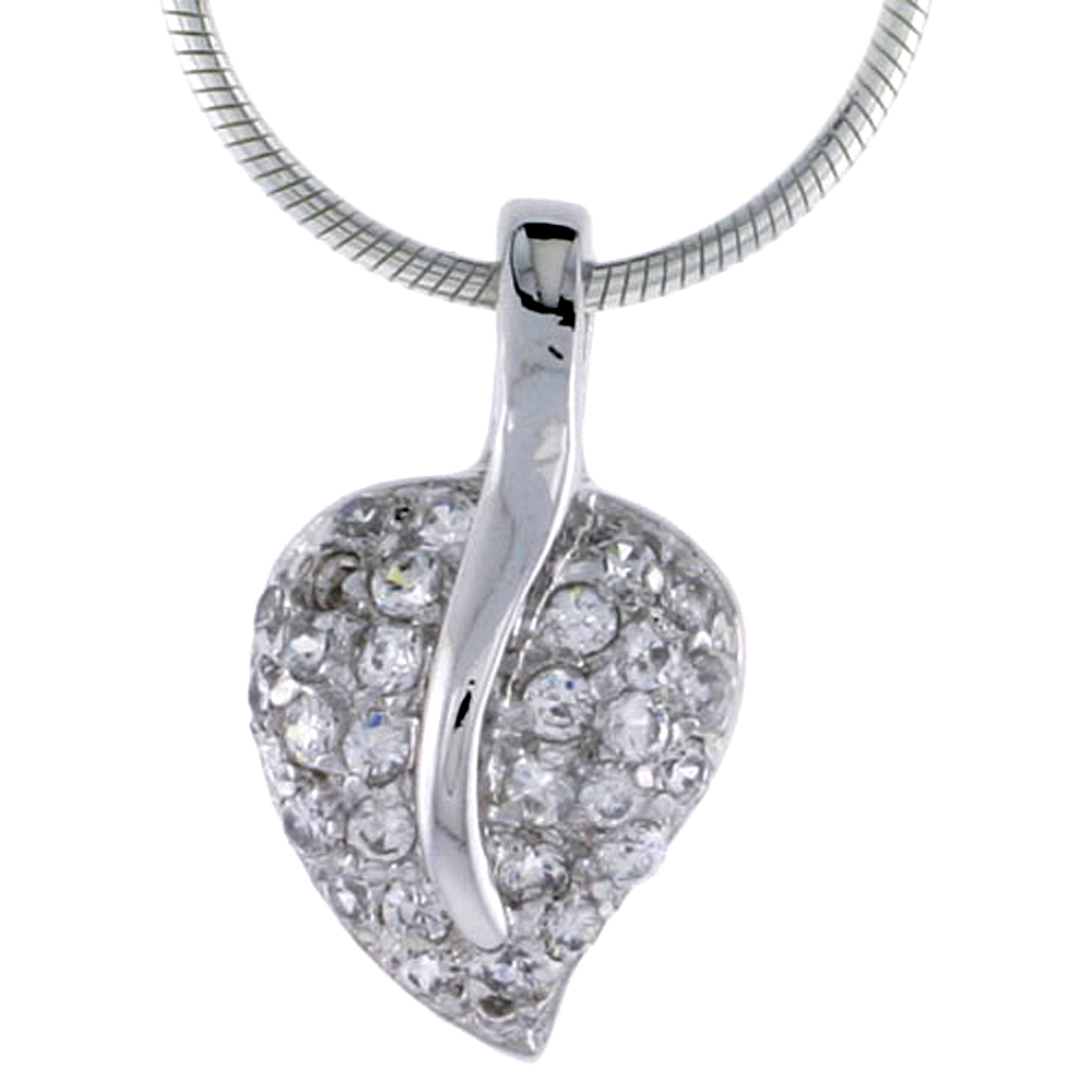 High Polished Sterling Silver 3/4" (19 mm) tall Heart Pendant, w/ 1.5mm Brilliant Cut CZ Stones, w/ 18" Thin Box Chain