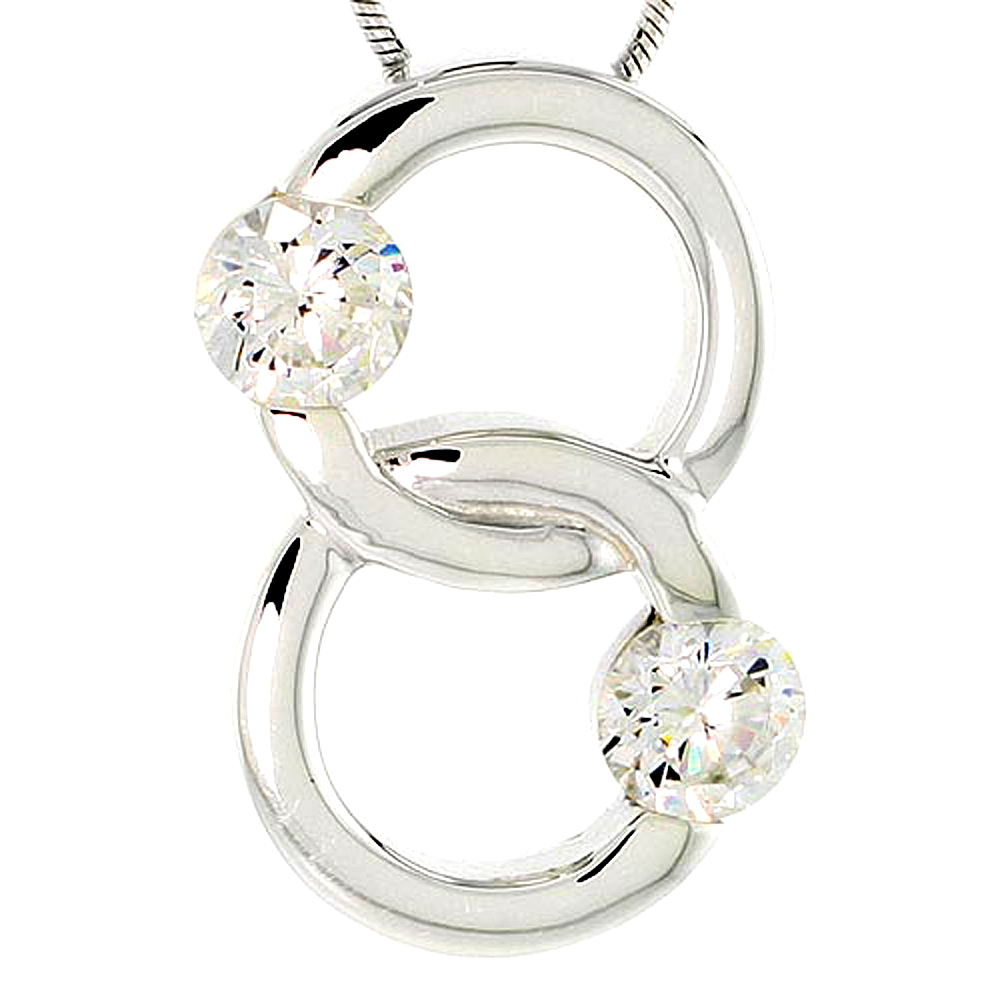 Sterling Silver Overlapping Circles Pendant w/ 6mm High Quality CZ Stones, 1" (25 mm) tall