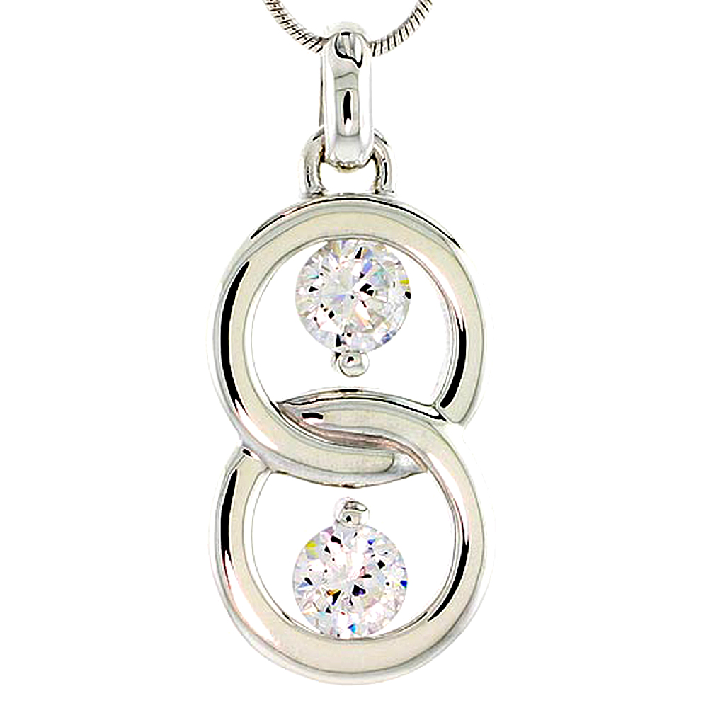 Sterling Silver Overlapping Circles Pendant w/ 6mm High Quality CZ Stones, 1 1/8&quot; (29 mm) tall