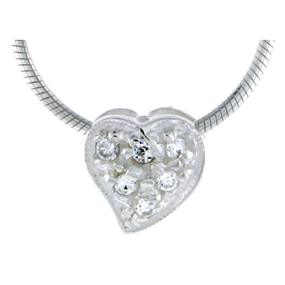 High Polished Sterling Silver 3/8" (9 mm) tall Teeny Heart Pendant Slide, w/ Six 2mm Brilliant Cut CZ Stones, w/ 18" Thin Box Chain